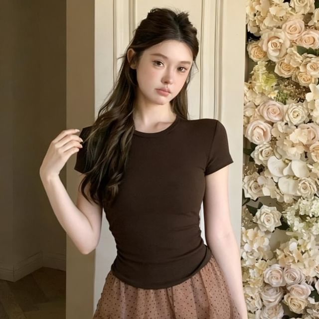 Casual Crew Tee with Sheer Dotted A-Line Mini Skirt Set