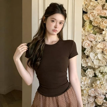 Casual Crew Tee with Sheer Dotted A-Line Mini Skirt Set