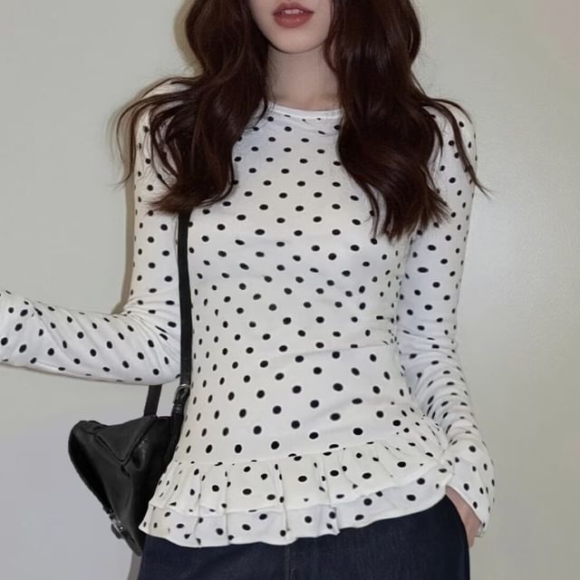 Long-Sleeve Polka Dot Ruffle Cropped Knit Top