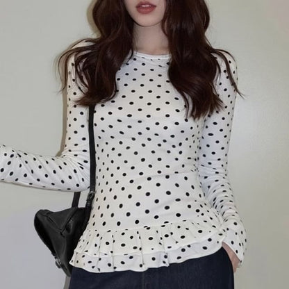 Long-Sleeve Polka Dot Ruffle Cropped Knit Top