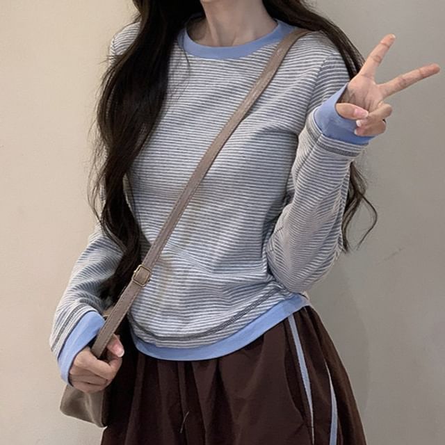 Striped Contrast Trim Crew Neck Long Sleeve Tee