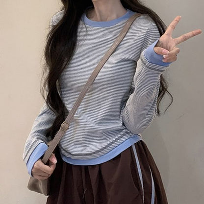 Striped Contrast Trim Crew Neck Long Sleeve Tee