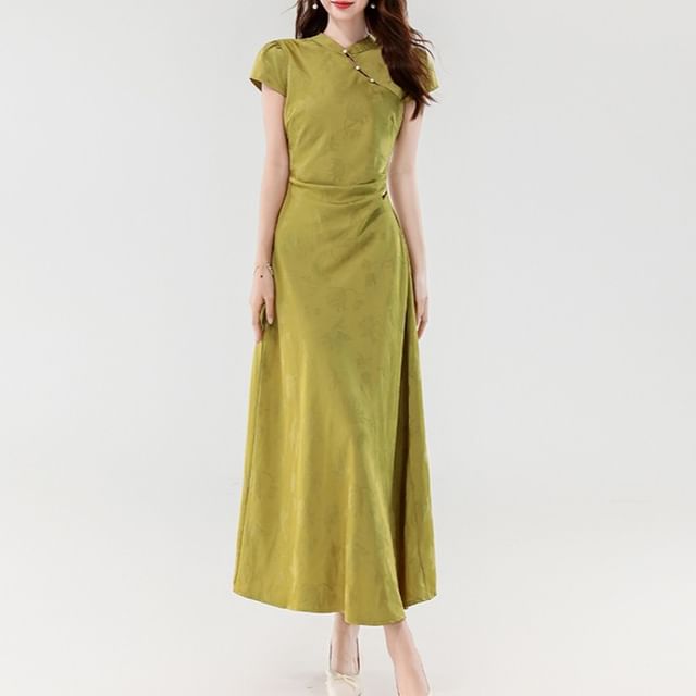 Cap Sleeve Mandarin Collar Faux Pearl Button Jacquard Maxi A-Line Dress