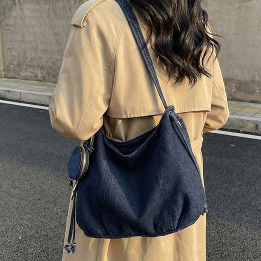 Denim Shoulder Bag with Pouch