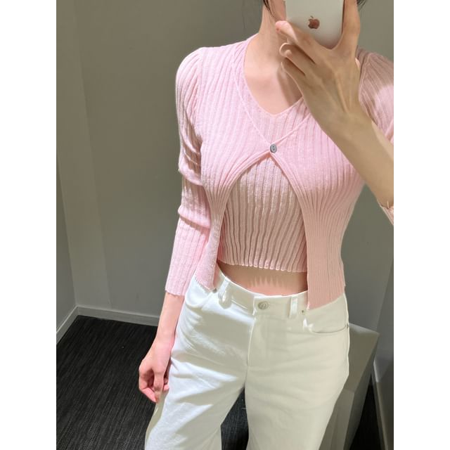 Set: Halter Plain Ribbed Knit Top + V-Neck Cardigan