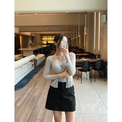 Set: Halter Plain Ribbed Knit Top + V-Neck Cardigan