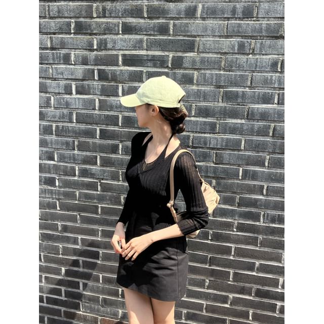 Set: Halter Plain Ribbed Knit Top + V-Neck Cardigan
