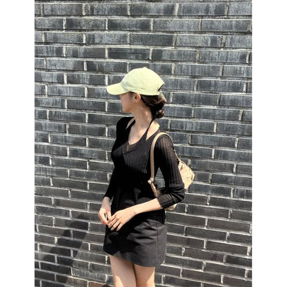 Set: Halter Plain Ribbed Knit Top + V-Neck Cardigan
