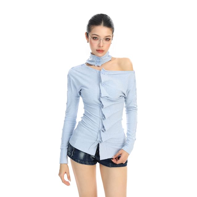 One-Shoulder Buttoned Ruched Long-Sleeve Tee
