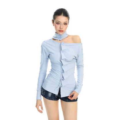 One-Shoulder Buttoned Ruched Long-Sleeve Tee