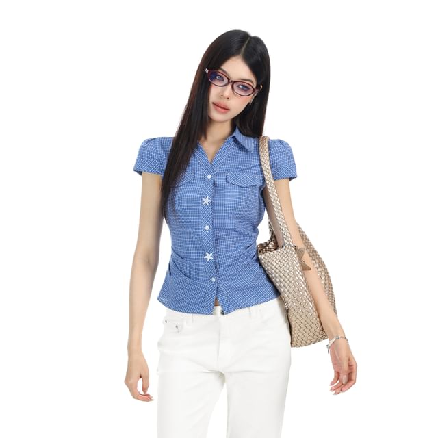 Plaid Ruched Short-Sleeve Shirt