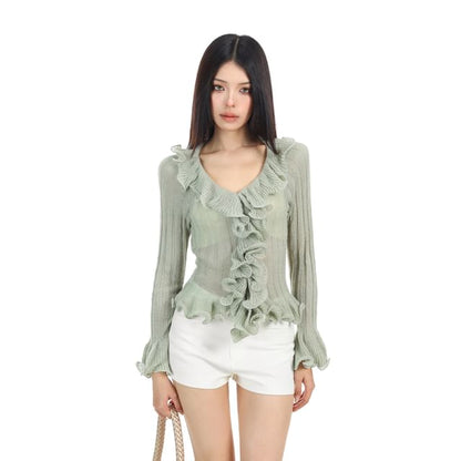 Flared Sleeve V-Neck Ribbed Knit Top with Ruffle Trim