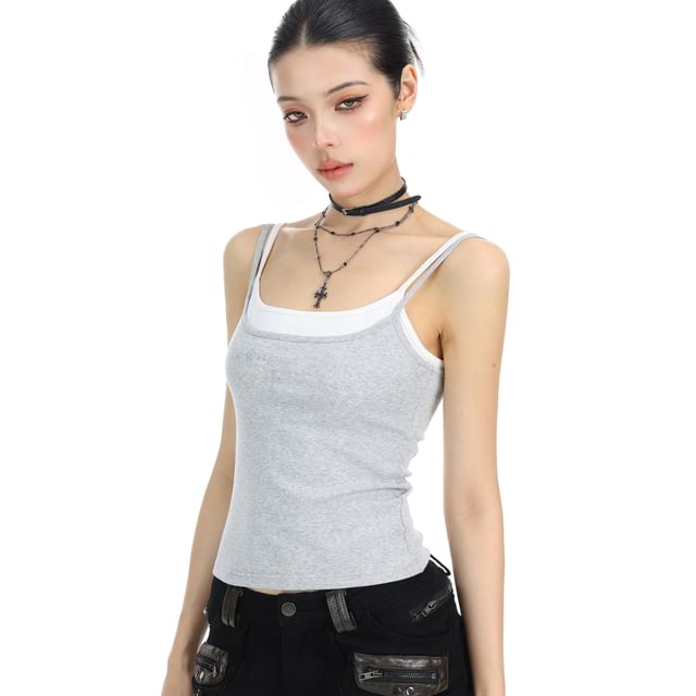 Two-Tone Mock Layered Camisole Top with Scoop Neck