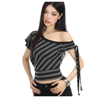 One-Shoulder Striped Knot Tee with Short Sleeves