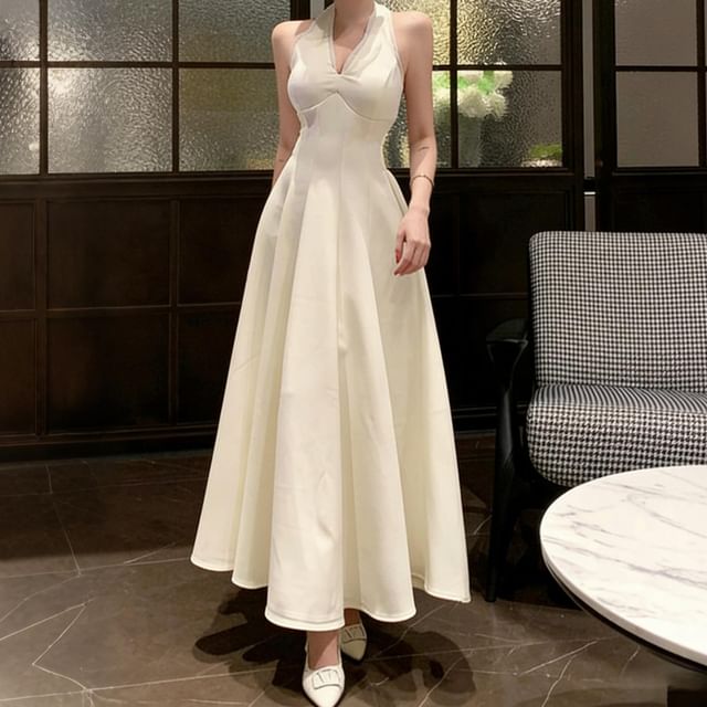 Halter Plain Maxi A-Line Dress