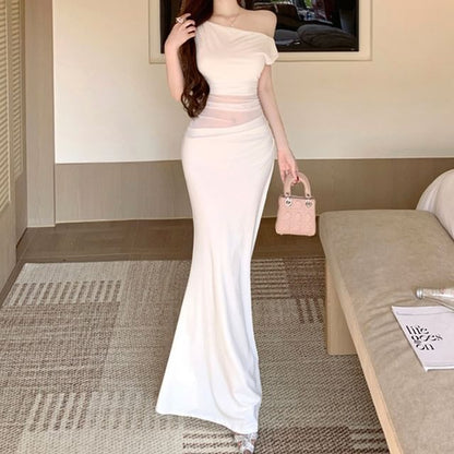 Short Sleeve One Shoulder Plain Panel Mesh Maxi Mermaid Dress
