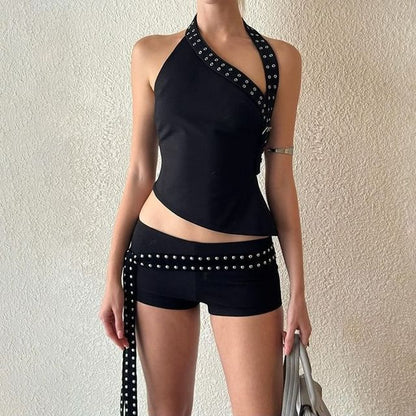 Grommet Buckle Asymmetric Halter Top