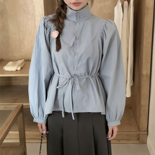 Long-Sleeve Stand Collar Tie-Front Blouse