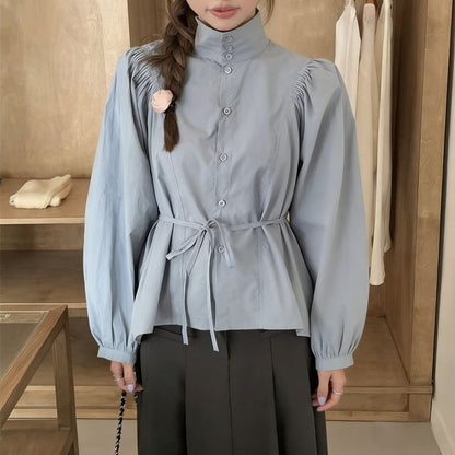 Long-Sleeve Stand Collar Tie-Front Blouse