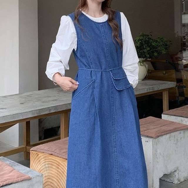 Denim Overall Dress with Blouse and Crossbody Bag Set