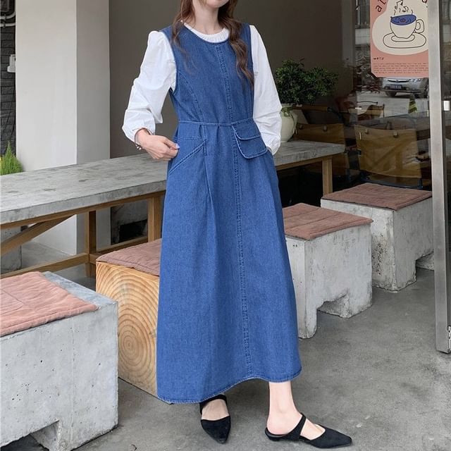 Denim Overall Dress with Blouse and Crossbody Bag Set