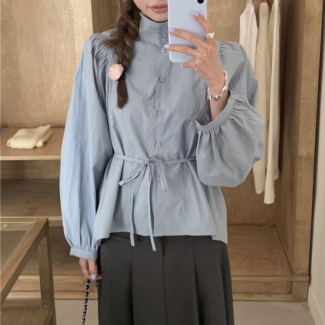 Long-Sleeve Stand Collar Tie-Front Blouse