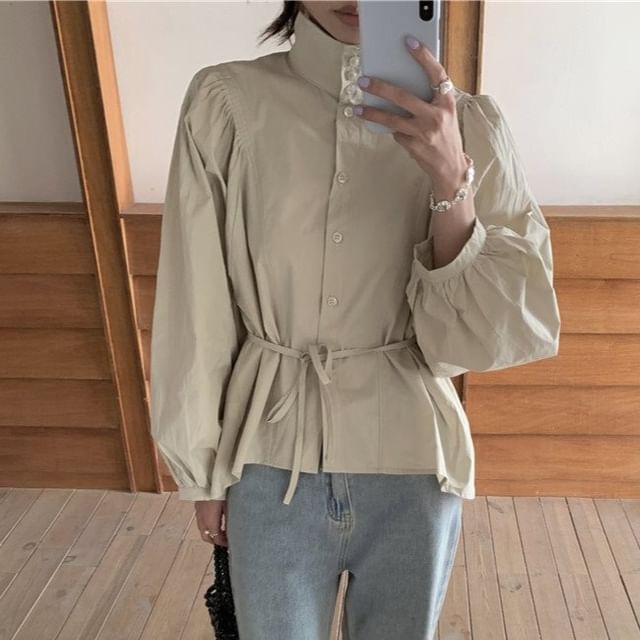 Long-Sleeve Stand Collar Tie-Front Blouse