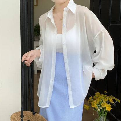 Sheer Collared Long Sleeve Shirt