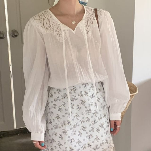 Lace Panel Tie Neck Long Sleeve Blouse
