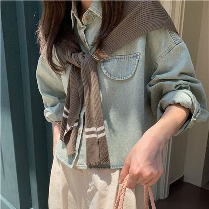 Washed Denim Shirt with Striped Scarf Set