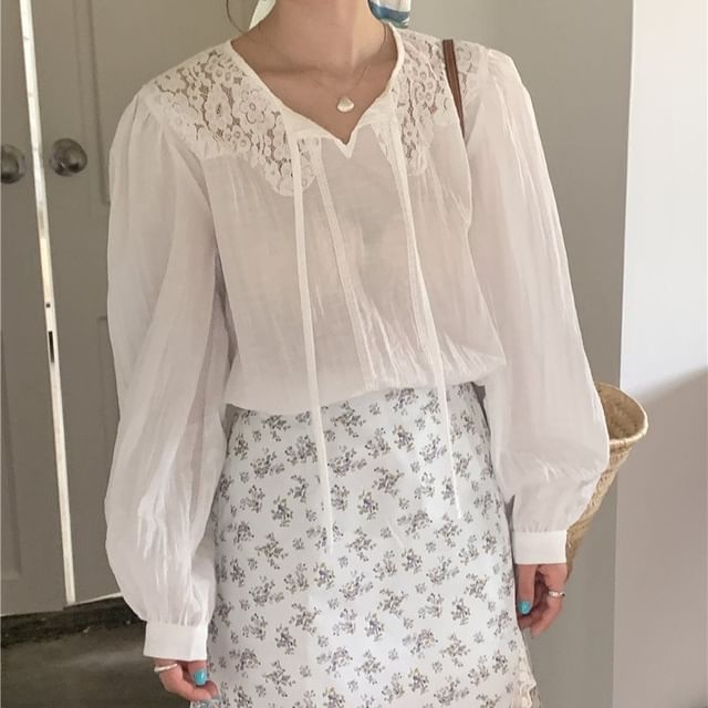 Lace Panel Tie Neck Long Sleeve Blouse