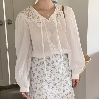 Lace Panel Tie Neck Long Sleeve Blouse