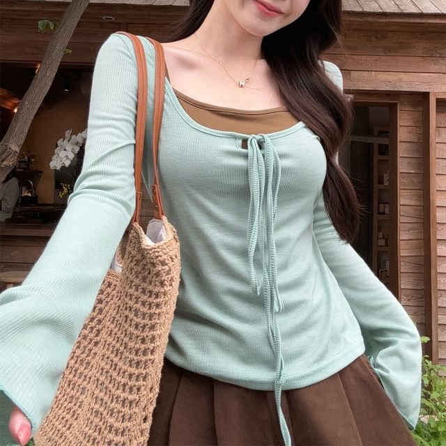 Tie-Front Scoop Neck Top with Camisole Set