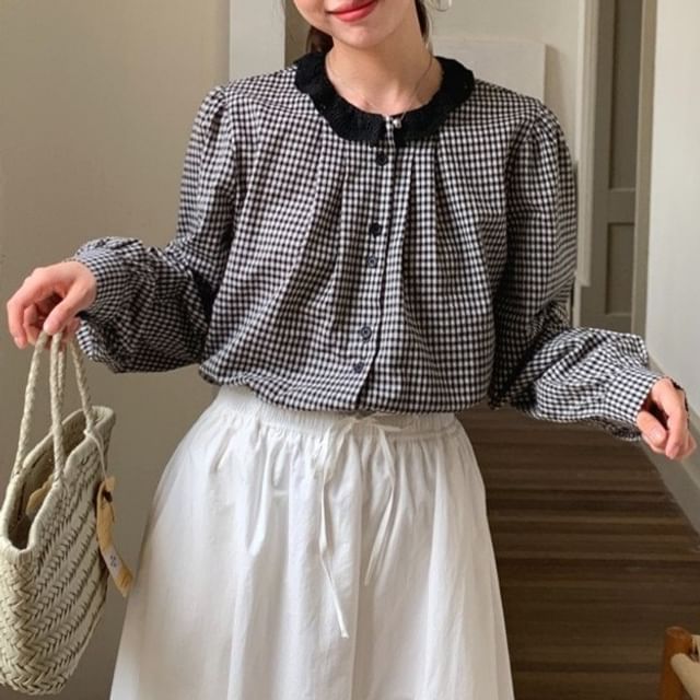 Plaid Collared Long Sleeve Blouse