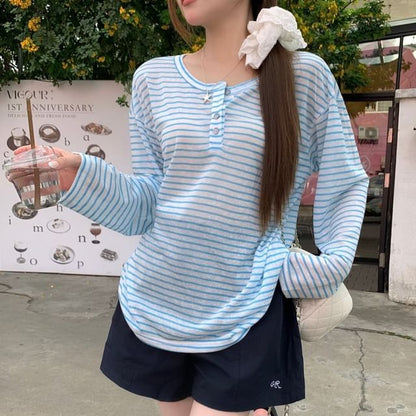 Henley Striped Long Sleeve Tee