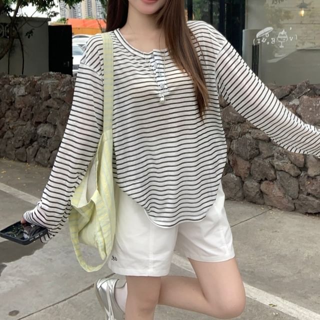 Henley Striped Long Sleeve Tee