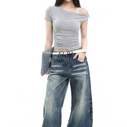 One-Shoulder Ruched Short Sleeve Top