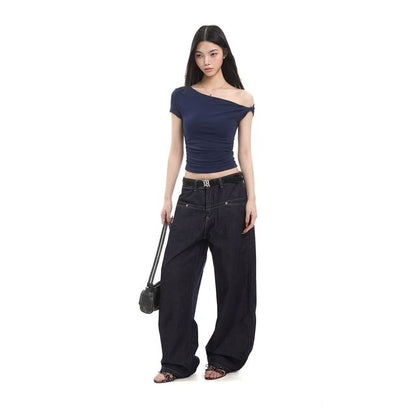 One-Shoulder Ruched Short Sleeve Top