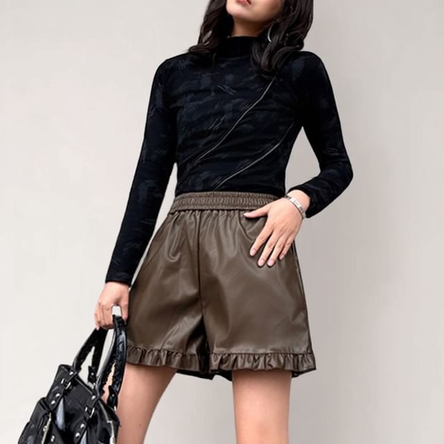 Faux Leather Shorts with Mock Neck Long Sleeve Top
