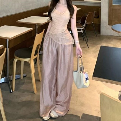 Cowl Neck Asymmetric Camisole with Plaid Wide-Leg Pants
