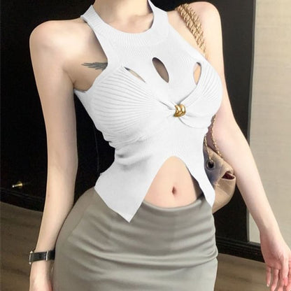 Cutout Front-Slit Cropped Halter Top in Solid