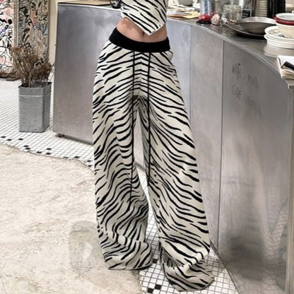 Zebra Print Asymmetric Tube Top with Drawstring Wide-Leg Pants