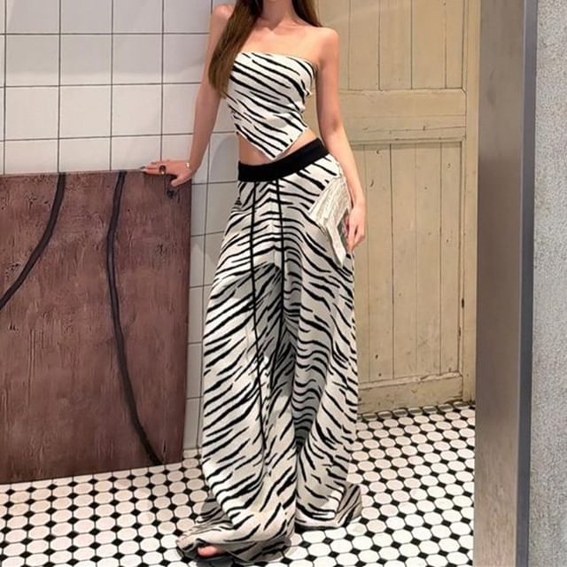 Zebra Print Asymmetric Tube Top with Drawstring Wide-Leg Pants