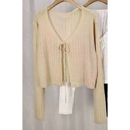 Plain Pointelle Knit Cropped Lace-Up Cardigan