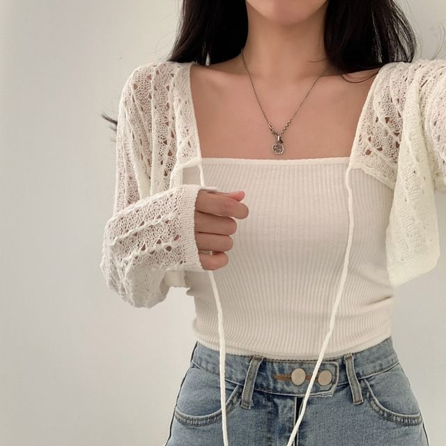 Plain Pointelle Knit Cropped Lace-Up Cardigan