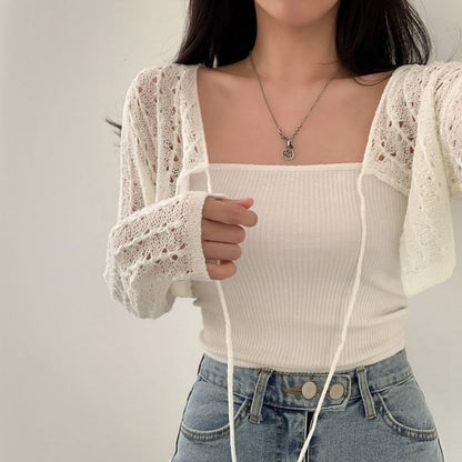 Plain Pointelle Knit Cropped Lace-Up Cardigan