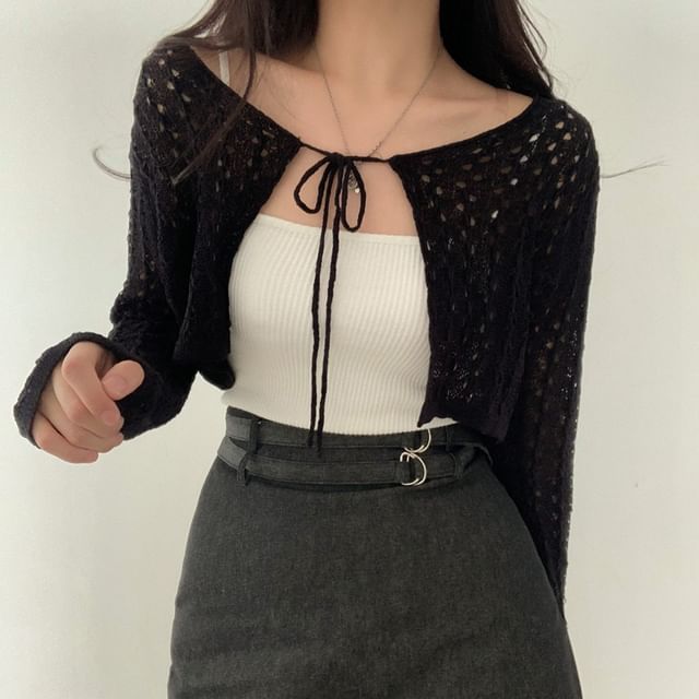 Plain Pointelle Knit Cropped Lace-Up Cardigan