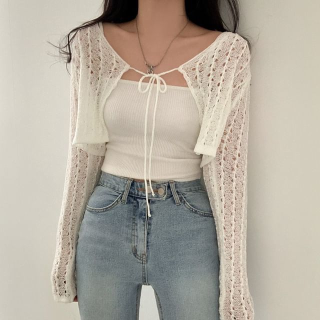 Plain Pointelle Knit Cropped Lace-Up Cardigan