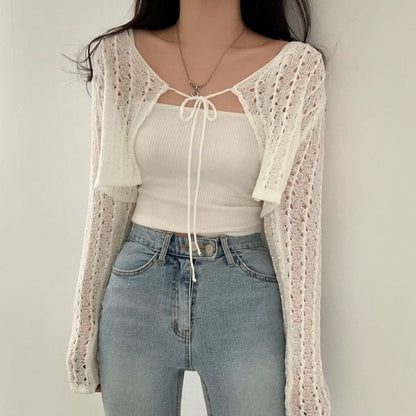 Plain Pointelle Knit Cropped Lace-Up Cardigan
