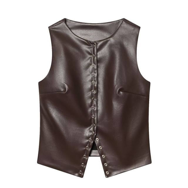 Sleeveless Faux Leather Snap Button Top